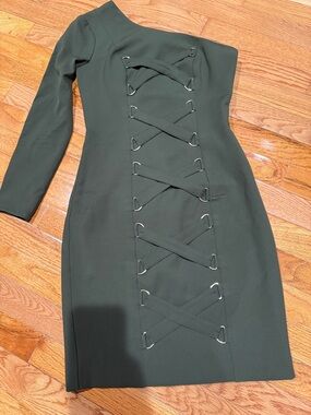 Size XS One-Shoulder Olive Green Lace-Up Dress Lumier by Bariano. Worn once.